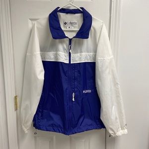 Vintage Womens XL Columbia Full Zip blue and white Windbreaker Jacket Hood